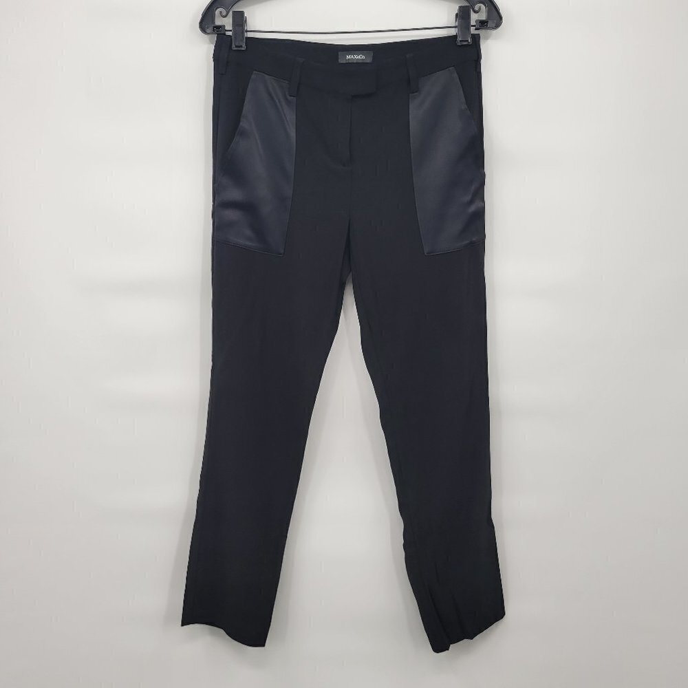 Max & Co Women Black Long Trousers Mid Rise Leather Contrast Skinny Pants Size 4